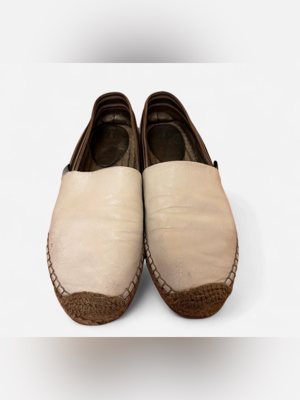 Brunello Cucinelli Cream and Brown Espadrille Slip-Ons